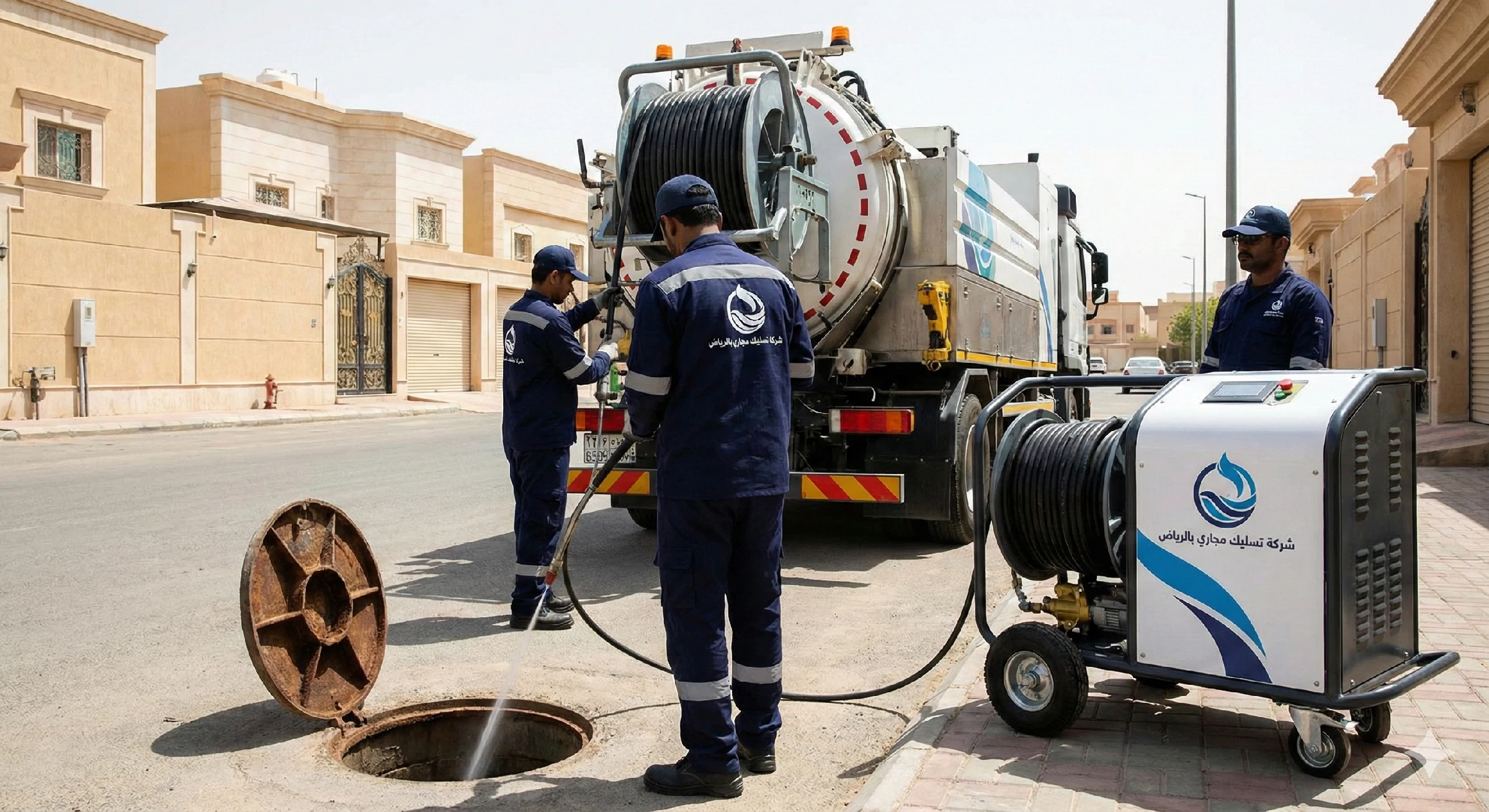 عمال شركة تسليك مجاري بالرياض يستخدمون أجهزة الضغط الحديثة